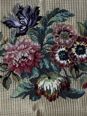 Vintage Floral Needlepoint Canvas Pre-Worked Center Tan Rose Violet 23x17
